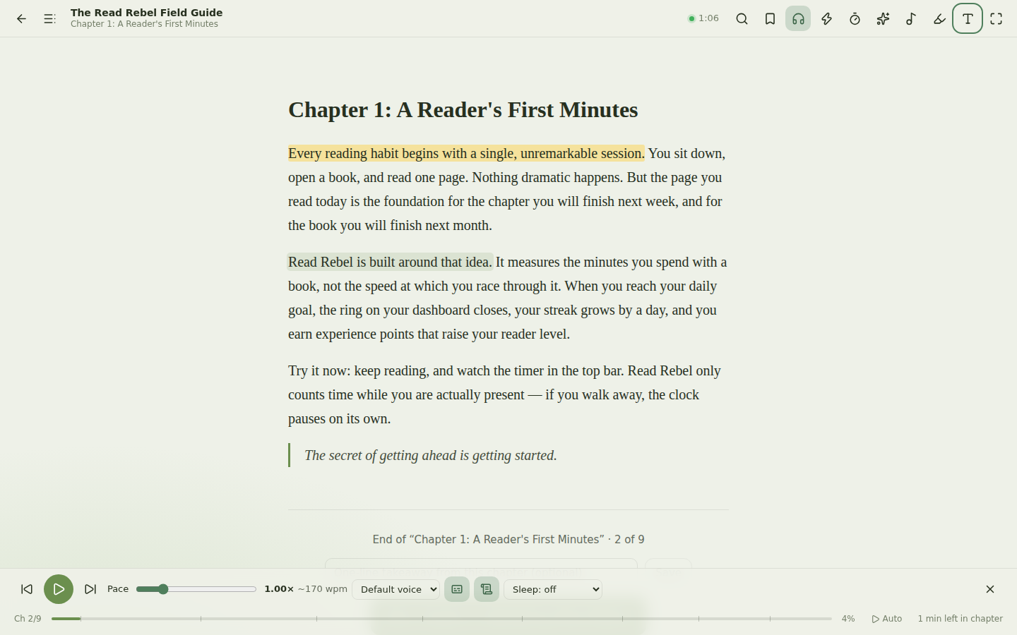 The read-aloud bar with play controls, a pace slider with words-per-minute, voice picker and sleep timer.