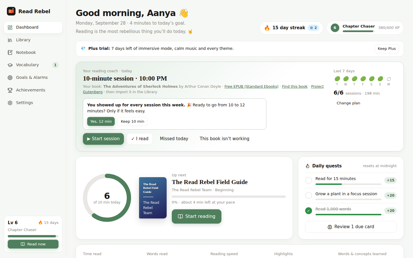 The Read Rebel dashboard in the Sage palette: today's 10-minute coach session, a week of check-ins, the daily goal ring, streak and quests.