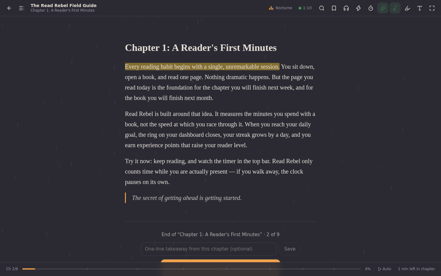 Immersive mode set to Mystery: a dusky theme with gentle rain falling behind the text and calm music playing.