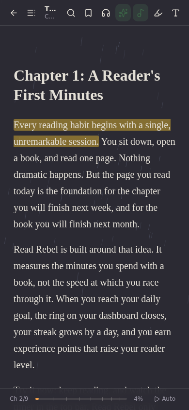Read Rebel on an Android phone, showing a book open in the calm reader.