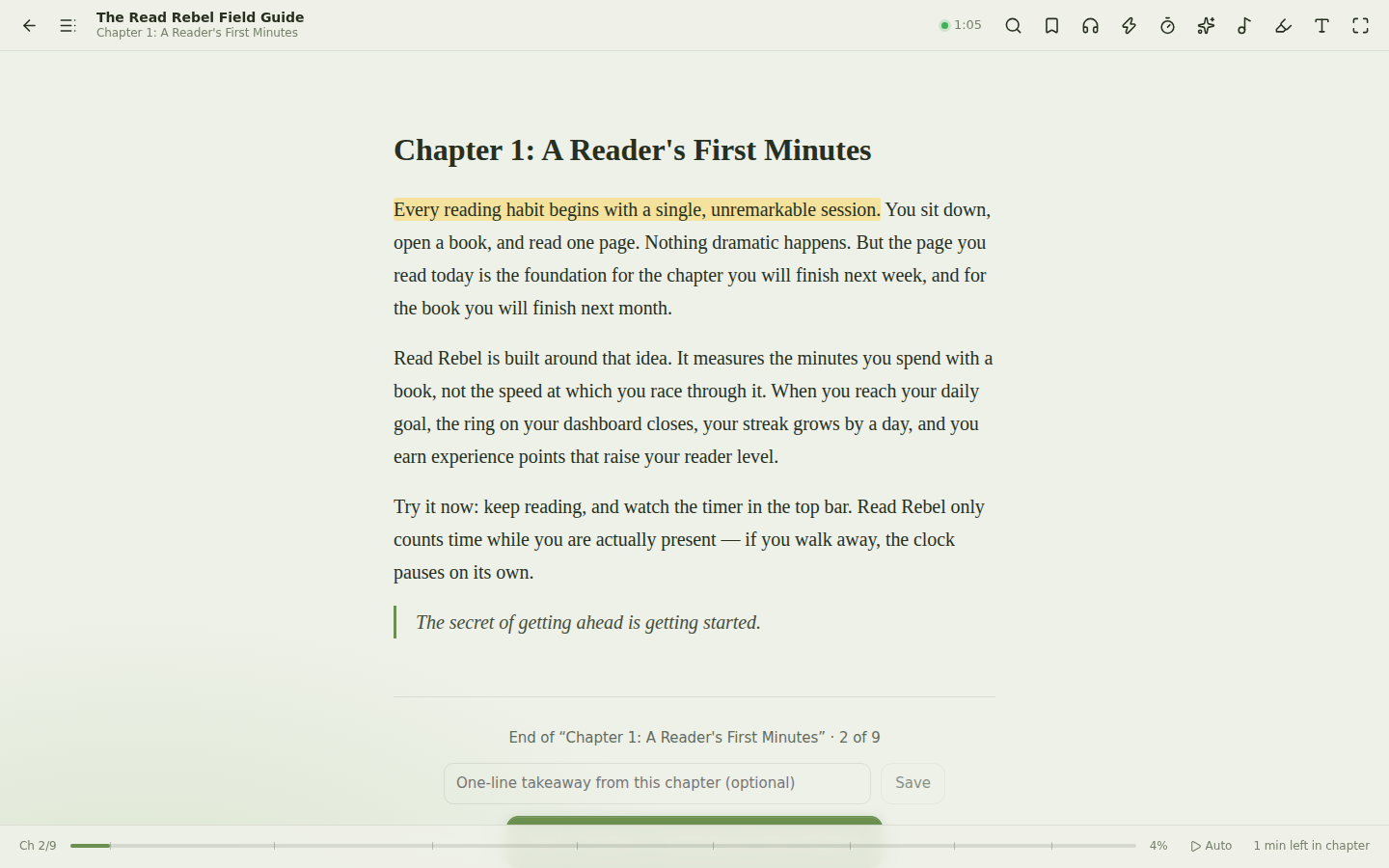 The Read Rebel reader with a chapter in a serif font on the calm Sage theme, with a highlighted sentence.